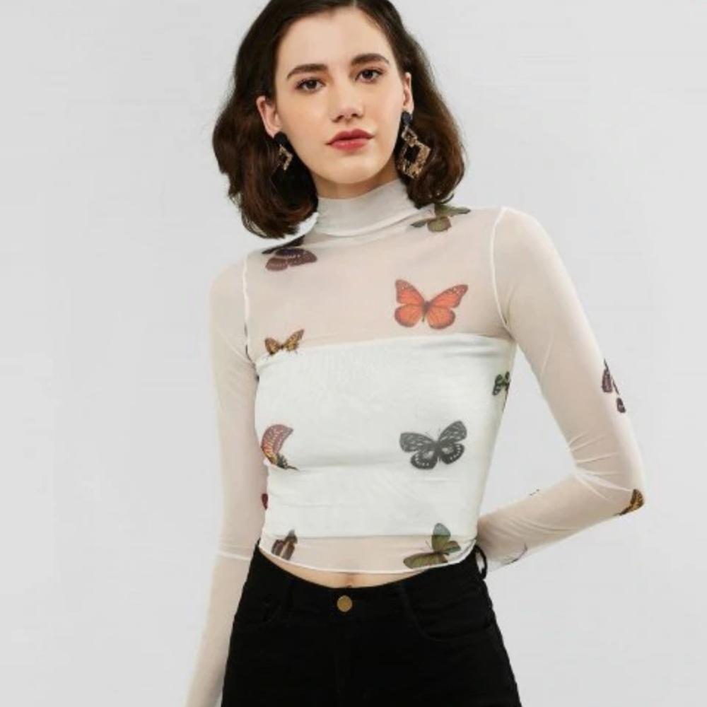 Butterfly sheer turtleneck top blouse